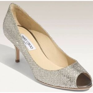 EUC Jimmy Choo Isabel Champagne Glitter Peep-Toe Pumps, Sz 39, $795